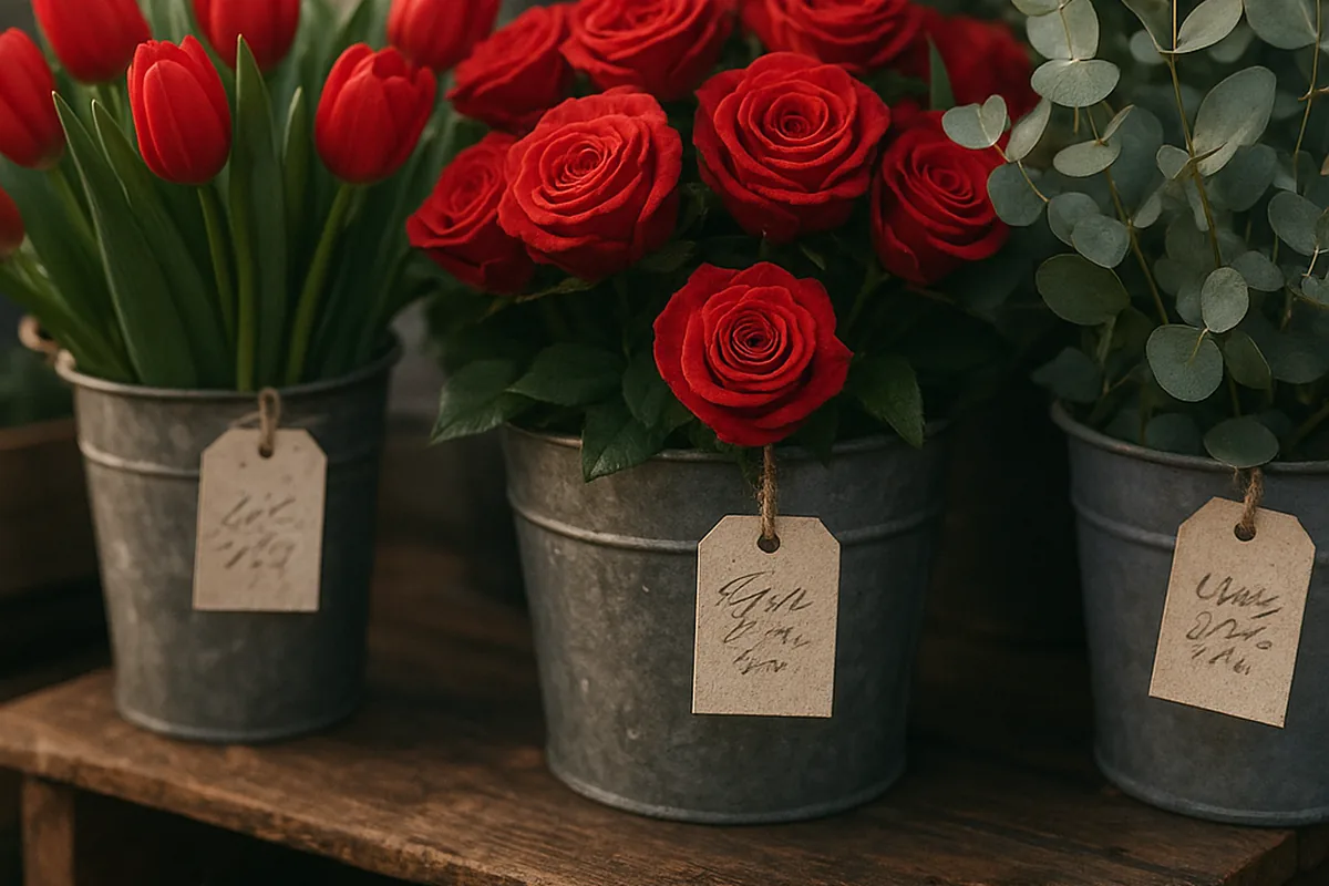 Detalje fra en blomsterstand på markedet med afskårne blomster i spande