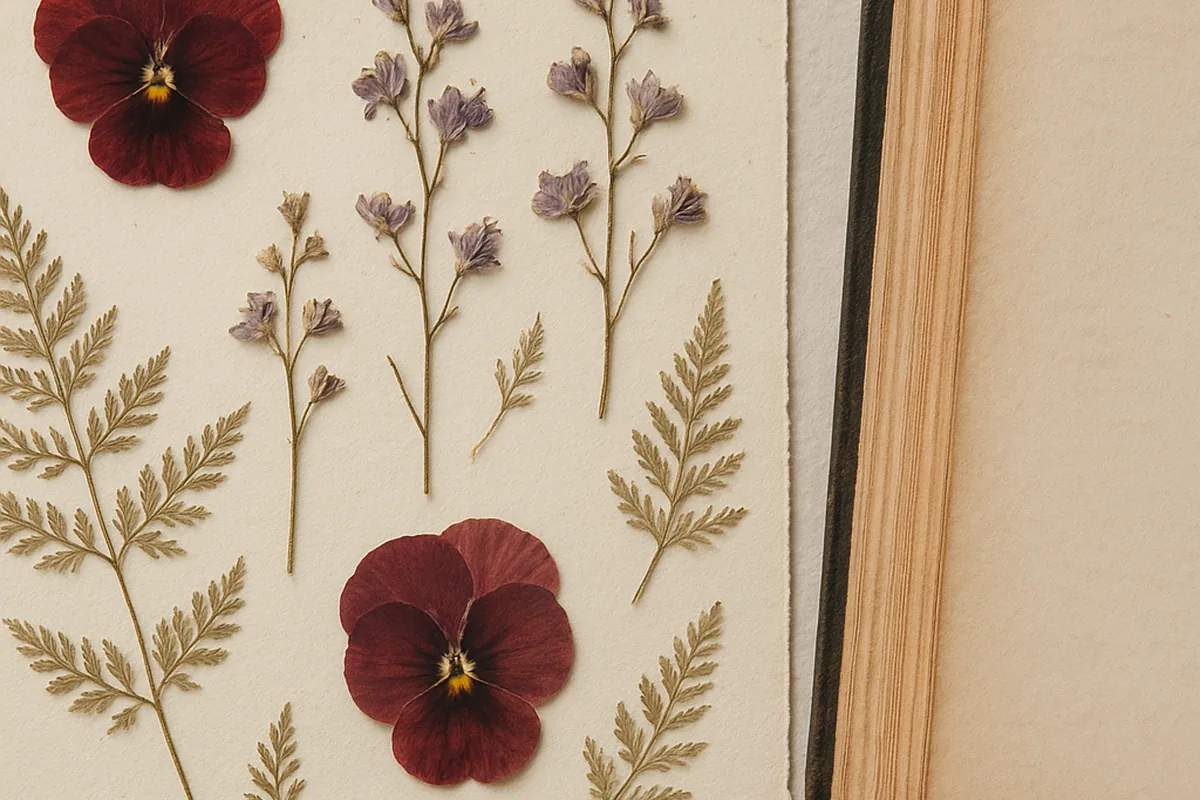 Pressede blomster og blade på papir ved siden af en bog